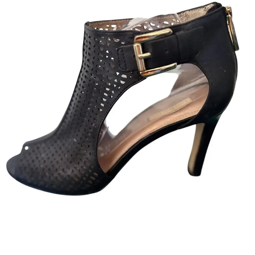 Louise et Cie Olivia Black Leather Perforated Peep Toe Buckle Heels Sandals
